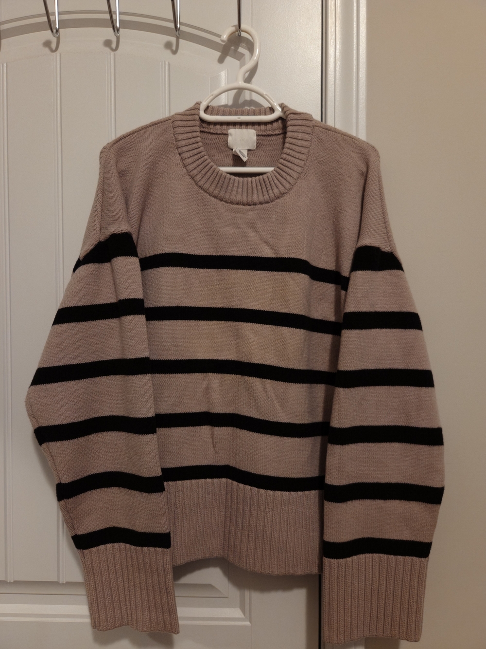 Women's Striped Crewneck Sweater - Taupe with Black Stripes